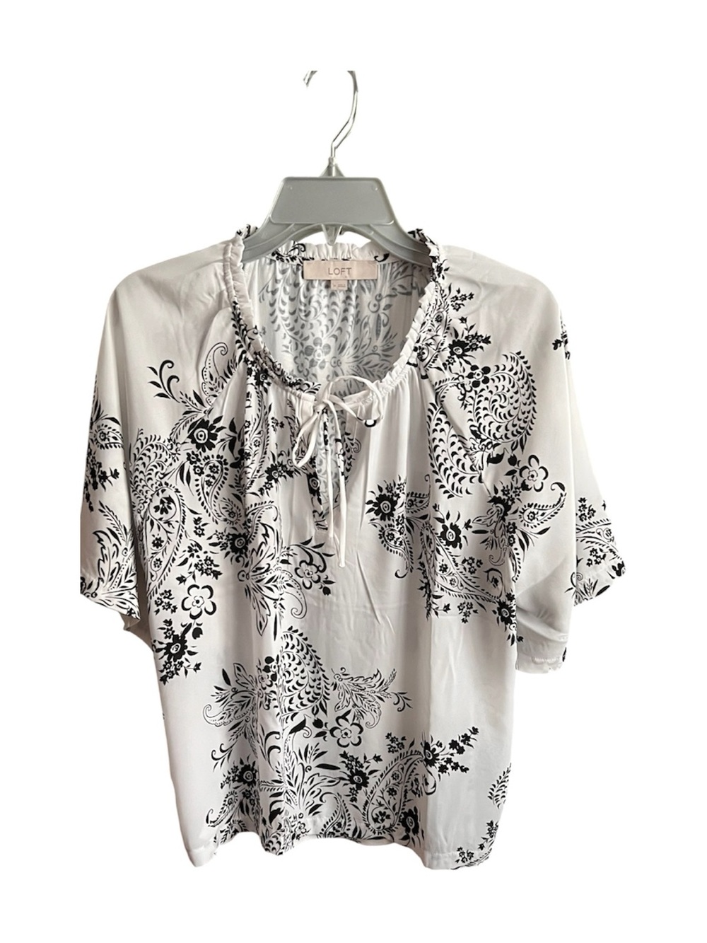 LOFT Black & White Floral Tie-Neck Blouse
